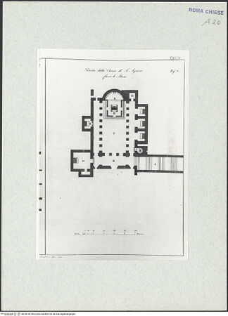 Vorderseite von Bibliotheca Hertziana [https://www.deutsche-digitale-bibliothek.de/content/lizenzen/rv-fz/] Grundriss von Sant'Agnese fuori le Mura (Taf. IV aus G. Fontana, "Raccolta delle migliori chiese di Roma e suburbane espresse in tavole disegnate ed incise da G. Fontana", vol.III, Rom 1838) - , bh298740_recto. Foto.