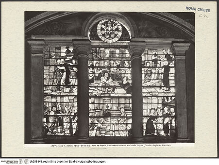 Vorderseite von Alinari [https://www.deutsche-digitale-bibliothek.de/content/lizenzen/rv-ez/] Glasmalereien im Chor von Santa Maria del PopoloSzenen aus dem Leben Mariä - , bh298848_recto. Foto.