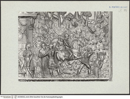 Vorderseite von Bibliotheca Hertziana [https://www.deutsche-digitale-bibliothek.de/content/lizenzen/rv-fz/] Hauptportal von Sankt Peter / Portal des FilareteDas Maryrium des Paulus - Detail: Hinrichtung, bh300362_recto. Foto.