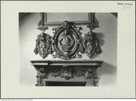 Vorderseite von ICCD [https://www.deutsche-digitale-bibliothek.de/content/lizenzen/rv-ez/] Kartusche mit auferstandenem Christus, Wappenkartuschen der Päpste Urban VIII. und Leo XI. - , bh302299_recto. Foto.