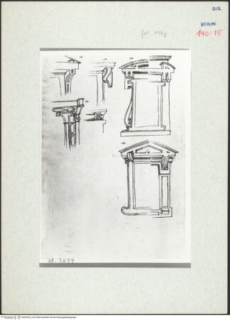 Vorderseite von Bibliotheca Hertziana [https://www.deutsche-digitale-bibliothek.de/content/lizenzen/rv-ez/] Codex Destailleur DTitus-Bogen: Details der Fensterrahmungen - , bh302423_recto. Foto.