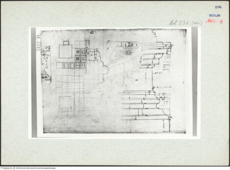 Vorderseite von Bibliotheca Hertziana [https://www.deutsche-digitale-bibliothek.de/content/lizenzen/rv-ez/] Codex Destailleur DTitus-Bogen: Details der Kassettendecke, Profilaufnahme des Sockels der Säulenordnung links und rechts vom Durchgang - , bh302424_recto. Foto.