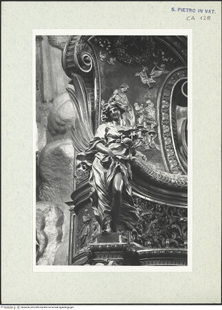 Vorderseite von Bibliotheca Hertziana [https://www.deutsche-digitale-bibliothek.de/content/lizenzen/rv-fz/] Cathedra PetriThron mit Reliefs - Detailansicht Thron: Engel auf linker Seite, bh305356_recto. Foto: Wiedenhoeft, Ron.