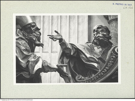 Vorderseite von Bibliotheca Hertziana [https://www.deutsche-digitale-bibliothek.de/content/lizenzen/rv-fz/] Cathedra PetriKirchenväter - Detailansicht: Portrait St. Ambrosius und St. Athanasius, bh305358_recto. Foto: Wiedenhoeft, Ron.