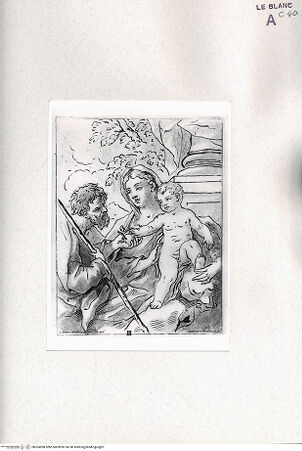 Vorderseite von Bibliotheca Hertziana [http://creativecommons.org/publicdomain/mark/1.0/] Raccolta Di Cento Pensieri Diversi Di Anton Domenico Gabbiani Pittor Fiorentino; In Firenze : Nella Stamperia Moückiana,  1762Der Heilige Joseph reicht dem Jesuskind einen Apfel (Bl. III) - (aus "Raccolta"), bh305898. Foto.