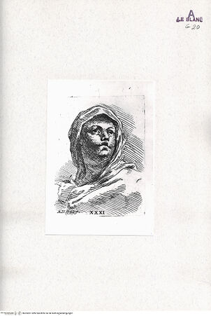 Vorderseite von Bibliotheca Hertziana [http://creativecommons.org/publicdomain/mark/1.0/] Raccolta Di Cento Pensieri Diversi Di Anton Domenico Gabbiani Pittor Fiorentino; In Firenze : Nella Stamperia Moückiana,  1762Kleiner Kopf einer Frau (Bl. XXXI) - (aus "Raccolta"), bh305901. Foto.