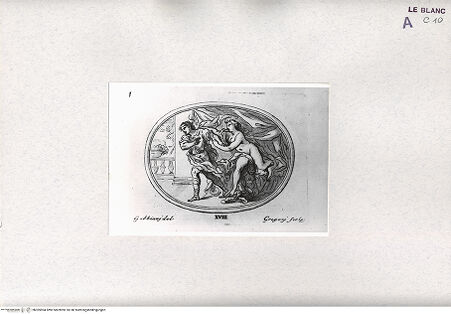 Vorderseite von Bibliotheca Hertziana [http://creativecommons.org/publicdomain/mark/1.0/] Raccolta Di Cento Pensieri Diversi Di Anton Domenico Gabbiani Pittor Fiorentino; In Firenze : Nella Stamperia Moückiana,  1762Joseph und Potiphars Weib (Bl. XVIII) - (aus "Raccolta"), bh305904. Foto.