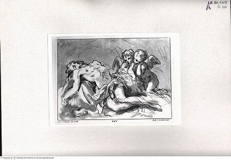 Vorderseite von Bibliotheca Hertziana [http://creativecommons.org/publicdomain/mark/1.0/] Raccolta Di Cento Pensieri Diversi Di Anton Domenico Gabbiani Pittor Fiorentino; In Firenze : Nella Stamperia Moückiana,  1762Der Leichnam Christi mit zwei weinenden Engeln (Bl. XXV) - (aus "Raccolta"), bh305905. Foto.