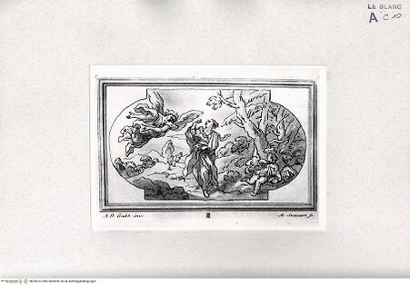 Vorderseite von Bibliotheca Hertziana [http://creativecommons.org/publicdomain/mark/1.0/] Raccolta Di Cento Pensieri Diversi Di Anton Domenico Gabbiani Pittor Fiorentino; In Firenze : Nella Stamperia Moückiana,  1762Der Engel führt Hagar und Ismael zum Wasser (Bl. II) - (aus "Raccolta"), bh305915. Foto.