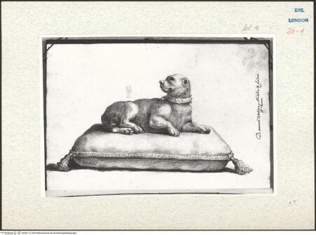 Vorderseite von Warburg Institute [https://www.deutsche-digitale-bibliothek.de/content/lizenzen/rv-ez/] Album CarpioSkulptur eines Hundes auf einem Kissen aus Marmor - , bh306113_recto. Foto.