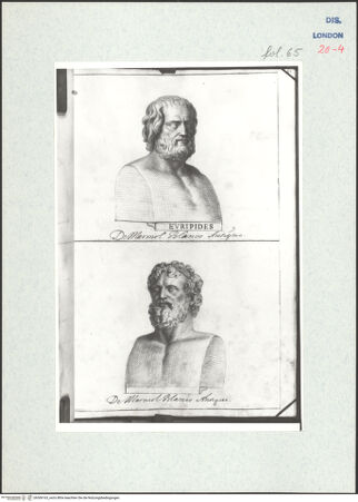 Vorderseite von Warburg Institute [https://www.deutsche-digitale-bibliothek.de/content/lizenzen/rv-ez/] Album CarpioBüste des Eripides und eine weitere Porträtbüste aus Marmor - , bh306163_recto. Foto.