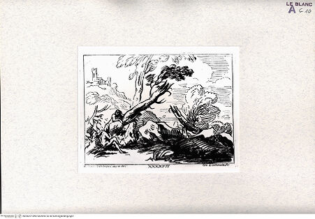 Vorderseite von Bibliotheca Hertziana [http://creativecommons.org/publicdomain/mark/1.0/] Raccolta Di Cento Pensieri Diversi Di Anton Domenico Gabbiani Pittor Fiorentino; In Firenze : Nella Stamperia Moückiana,  1762Kleine Landschaft (Bl. XXXXVII) - (aus "Raccolta"), bh306207. Foto.