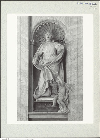 Vorderseite von Bibliotheca Hertziana [https://www.deutsche-digitale-bibliothek.de/content/lizenzen/rv-fz/] Heilige Kongregations- und OrdensgründerStatuenreihe: Theresa, Vincentius, Nerius, Ignatius, Camillus, Petrus von Alcantara - Pietro Pacilli: Statue: des hl. Kamillus, bh307422_recto. Foto: Wiedenhoeft, Ron.