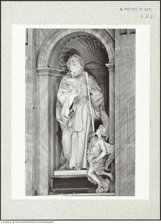 Vorderseite von Bibliotheca Hertziana [https://www.deutsche-digitale-bibliothek.de/content/lizenzen/rv-fz/] Heilige Kongregations- und OrdensgründerStatuenreihe: Theresa, Vincentius, Nerius, Ignatius, Camillus, Petrus von Alcantara - Giovanni Battista Maini: Statue des hl. Franz von Paola, bh309190_recto. Foto: Wiedenhoeft, Ron.