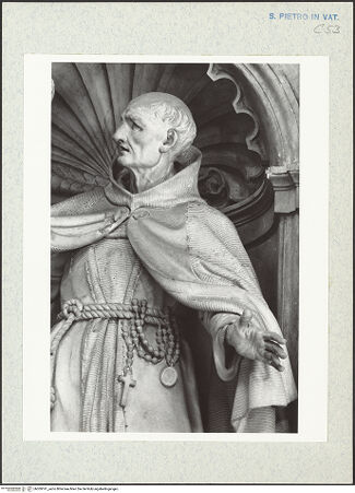 Vorderseite von Bibliotheca Hertziana [https://www.deutsche-digitale-bibliothek.de/content/lizenzen/rv-fz/] Heilige Kongregations- und OrdensgründerStatuenreihe: Theresa, Vincentius, Nerius, Ignatius, Camillus, Petrus von Alcantara - Francesco Vergara: Statue des hl. Petrus von Alcantarae (Detailansicht: Portrait), bh309191_recto. Foto: Wiedenhoeft, Ron.