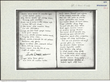 Vorderseite von Warburg Institute [https://www.deutsche-digitale-bibliothek.de/content/lizenzen/rv-ez/] Inscriptionum antiquarum (Codex Holmiensis)Textseite mit der Fortsetzung des Gedichts von Johannes Mylius und dem Beginn eines Gedichts von Laelius Cleopassus - rechts fol. k recto mit der Fortsetzung des Gedichts von Cleopassus, bh309492_recto. Foto.