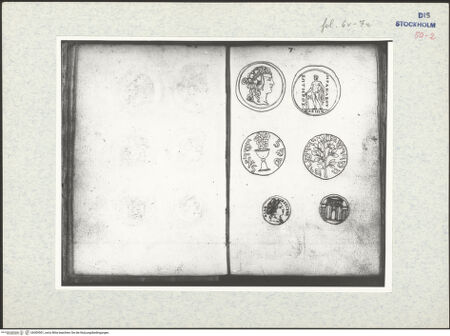 Vorderseite von Warburg Institute [https://www.deutsche-digitale-bibliothek.de/content/lizenzen/rv-ez/] Inscriptionum antiquarum (Codex Holmiensis)Vorder- und Rückseiten dreier italienischer Münzimitationen mit antiken Motiven - , bh309501_recto. Foto.