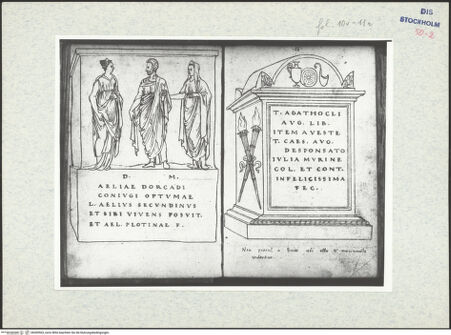 Vorderseite von Warburg Institute [https://www.deutsche-digitale-bibliothek.de/content/lizenzen/rv-ez/] Inscriptionum antiquarum (Codex Holmiensis)Römisches Grabmal - , bh309503_recto. Foto.