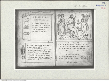 Vorderseite von Warburg Institute [https://www.deutsche-digitale-bibliothek.de/content/lizenzen/rv-ez/] Inscriptionum antiquarum (Codex Holmiensis)Zwei römische Grabmäler, in Puteoli - , bh309504_recto. Foto.