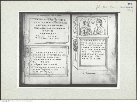 Vorderseite von Kungliga Biblioteket [https://www.deutsche-digitale-bibliothek.de/content/lizenzen/rv-ez/] Inscriptionum antiquarum (Codex Holmiensis)Zwei Inschrifttafeln aus Leucopetra - , bh309516_recto. Foto.