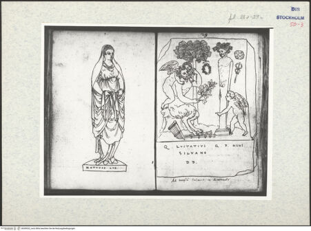 Vorderseite von Kungliga Biblioteket [https://www.deutsche-digitale-bibliothek.de/content/lizenzen/rv-ez/] Inscriptionum antiquarum (Codex Holmiensis)Weibliche Gewandstatue mit der Sockelinschrift "Matutae Lug." - , bh309522_recto. Foto.