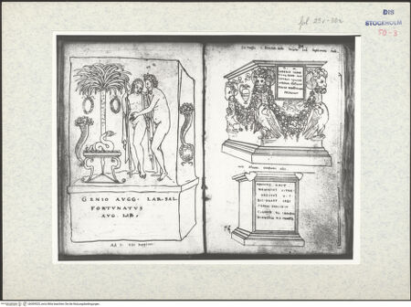 Vorderseite von Kungliga Biblioteket [https://www.deutsche-digitale-bibliothek.de/content/lizenzen/rv-ez/] Inscriptionum antiquarum (Codex Holmiensis)Römisches Votivrelief mit Zeus und Apollo; in Rom, San Vitale (?) - , bh309525_recto. Foto.