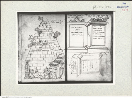 Vorderseite von Warburg Institute [https://www.deutsche-digitale-bibliothek.de/content/lizenzen/rv-ez/] Inscriptionum antiquarum (Codex Holmiensis)Die Cestiuspyramide in Rom - , bh309543_recto. Foto.