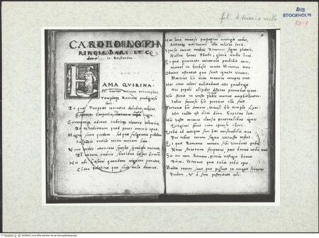 Vorderseite von Warburg Institute [https://www.deutsche-digitale-bibliothek.de/content/lizenzen/rv-ez/] Inscriptionum antiquarum (Codex Holmiensis)Widmungstext Boissards an Karl von Lothringen - Textseiten d verso (mit Initale F) und e recto, bh309557_recto. Foto.