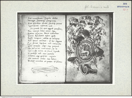 Vorderseite von Warburg Institute [https://www.deutsche-digitale-bibliothek.de/content/lizenzen/rv-ez/] Inscriptionum antiquarum (Codex Holmiensis)Textseite mit Einführung Boissards (Fortsetzung) - rechts fol. c recto: Emblem mit Hirsch in einem Rollwerkrahmen, mit einer griechischen Devise; Feder, bh309559_recto. Foto.