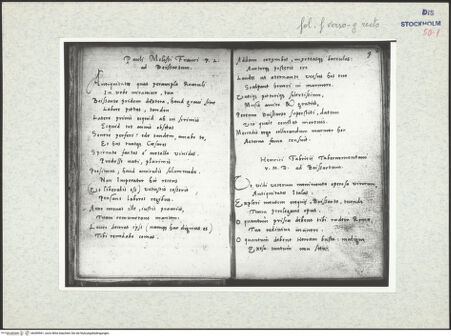 Vorderseite von Warburg Institute [https://www.deutsche-digitale-bibliothek.de/content/lizenzen/rv-ez/] Inscriptionum antiquarum (Codex Holmiensis)Textseite mit einem Gedicht von Paul Schede (Paulus Melissus) - rechts fol. g recto mit der Fortsetzung und dem Beginn eines Gedichts von Henricius Fabricius, bh309561_recto. Foto.