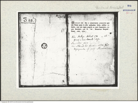 Vorderseite von Warburg Institute [https://www.deutsche-digitale-bibliothek.de/content/lizenzen/rv-ez/] Inscriptionum antiquarum (Codex Holmiensis) - Vordere Innenseite und recto des Vorsatzblattes, bh309724_recto. Foto.