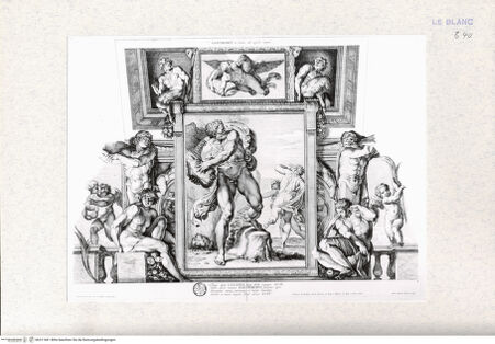 Vorderseite von Landesbildstelle Rheinland [http://creativecommons.org/publicdomain/mark/1.0/] Galeriae Farnesina Icones...; Stichfolge nach dem Freskenzyklus mit den Liebschaften der Götter in der Galleria FarnesePolyphem schleudert einen Stein nach Acis und Galathea (3) - , bh311681. Foto.