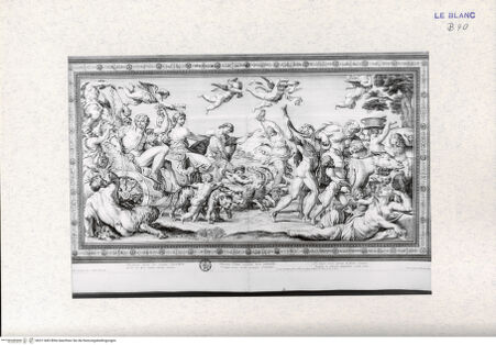Vorderseite von Landesbildstelle Rheinland [http://creativecommons.org/publicdomain/mark/1.0/] Galeriae Farnesina Icones...; Stichfolge nach dem Freskenzyklus mit den Liebschaften der Götter in der Galleria FarneseTriumph des Bacchus und der Ariadne (12) - , bh311683. Foto.