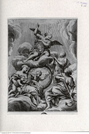 Vorderseite von Landesbildstelle Rheinland [http://creativecommons.org/publicdomain/mark/1.0/] Christliche Allergorie: Glaube, Liebe, Hoffnung umgeben den Globus, über dem ein Engel schwebt und ihnen den Himmel zeigt - , bh311775. Foto.