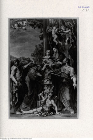 Vorderseite von Landesbildstelle Rheinland [http://creativecommons.org/publicdomain/mark/1.0/] Recueil d'Estampes d'après les plus célèbres tableaux de la Galerie Royale de Dresde. I. Volume. Contenant cinquante pieces avec une description de chaque tableau en francois et en italien. ... Imprimé a Dresde M.DCC.LIII.Tafel 20: Thronende Madonna mit den Heiligen Matthäus, Franziskus und Johannes dem Täufer - , bh311870. Foto.