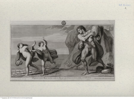 Vorderseite von Landesbildstelle Rheinland [http://creativecommons.org/publicdomain/mark/1.0/] Polyphem schleudert einem Steinblock gegen Acis, der mit Galathea flieht - , bh311879. Foto.