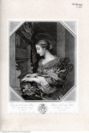 Vorderseite von Landesbildstelle Rheinland [http://creativecommons.org/publicdomain/mark/1.0/] Recueil d'Estampes d'après les plus célèbres tableaux de la Galerie Royale de Dresde. I. Volume. Contenant cinquante pieces avec une description de chaque tableau en francois et en italien. ... Imprimé a Dresde M.DCC.LIII.Tafel 43: Die heilige Cäcilie - , bh312944. Foto.