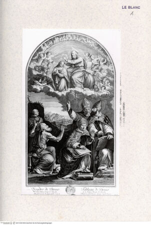 Vorderseite von Landesbildstelle Rheinland [http://creativecommons.org/publicdomain/mark/1.0/] Recueil d'Estampes d'après les plus célèbres tableaux de la Galerie Royal de Dresde. Volume II. Contenant cinquante pieces avec une description de chaque tableau en francois et en italien. Imprimé a Dresde MDCCLVII.Tafel 7: Disputation der Immaculata Conceptio mit den vier Kirchenvätern und dem heiligen Bernhardin - , bh312949. Foto.
