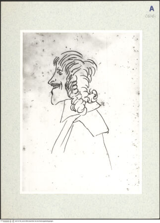 Vorderseite von Biblioteca Apostolica Vaticana [https://www.deutsche-digitale-bibliothek.de/content/lizenzen/rv-ez/] Karikaturen diverser Edelmänner und PrälatenKarikatur eines schnurrbartigen, grinsenden Mannes im Profil - , bh314750_recto. Foto.