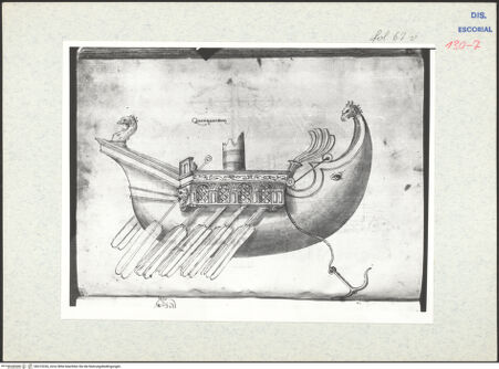 Vorderseite von Warburg Institute [https://www.deutsche-digitale-bibliothek.de/content/lizenzen/rv-ez/] Codex Escurialensisrömisches Kriegsschiff - , bh315326_recto. Foto.