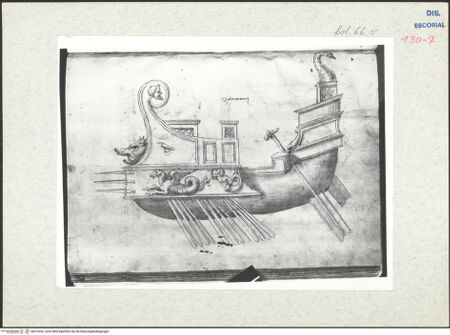 Vorderseite von Warburg Institute [https://www.deutsche-digitale-bibliothek.de/content/lizenzen/rv-ez/] Codex Escurialensisrömisches Kriegsschiff - , bh315332_recto. Foto.