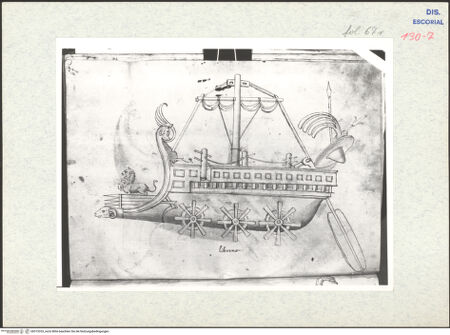 Vorderseite von Warburg Institute [https://www.deutsche-digitale-bibliothek.de/content/lizenzen/rv-ez/] Codex Escurialensisrömisches Kriegsschiff - , bh315333_recto. Foto.