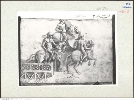 Vorderseite von Warburg Institute [https://www.deutsche-digitale-bibliothek.de/content/lizenzen/rv-ez/] Codex EscurialensisStück von der Trajanssäule: Römische Reiterei zieht über eine kleine Brücke - , bh315336_recto. Foto.