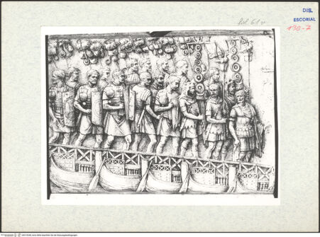 Vorderseite von Warburg Institute [https://www.deutsche-digitale-bibliothek.de/content/lizenzen/rv-ez/] Codex EscurialensisStück von der Trajanssäule: Eine Legion zieht auf einer Schiffbrücke über die Donau - , bh315338_recto. Foto.
