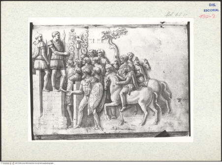 Vorderseite von Warburg Institute [https://www.deutsche-digitale-bibliothek.de/content/lizenzen/rv-ez/] Codex EscurialensisStück von der Trajanssäule: Trajan empfängt am Lager eine Gesandtschaft von Germanen und Dakern - , bh315340_recto. Foto.