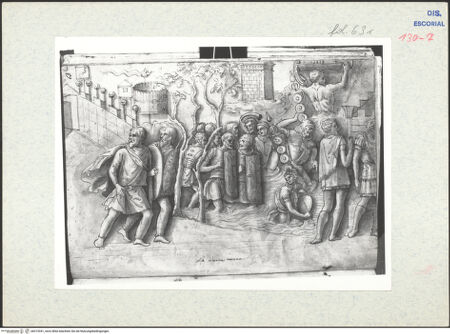 Vorderseite von Warburg Institute [https://www.deutsche-digitale-bibliothek.de/content/lizenzen/rv-ez/] Codex EscurialensisStück von der Trajanssäule: Fliehende Daker an einer Verschanzung und Legionäre, die einen Fluss durchwaten - , bh315341_recto. Foto.