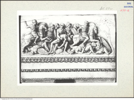 Vorderseite von Warburg Institute [https://www.deutsche-digitale-bibliothek.de/content/lizenzen/rv-ez/] Codex EscurialensisFriesstück von einem Bauwerk korinthischen Stils mit einer Szene aus einem Gallierkampf - , bh315342_recto. Foto.