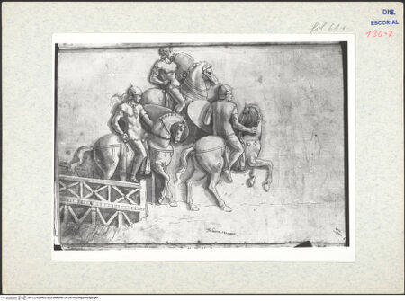 Vorderseite von Warburg Institute [https://www.deutsche-digitale-bibliothek.de/content/lizenzen/rv-ez/] Codex EscurialensisStück von der Trajanssäule: Römische Reiterei zieht über eine kleine Brücke - , bh315345_recto. Foto.