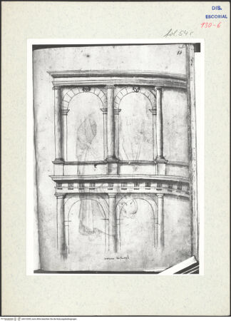 Vorderseite von Warburg Institute [https://www.deutsche-digitale-bibliothek.de/content/lizenzen/rv-ez/] Codex EscurialensisAufriss der beiden Bogenstellungen vom Theatrum Marcelli - , bh315355_recto. Foto.