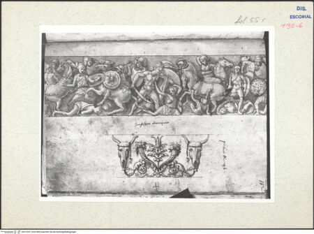 Vorderseite von Warburg Institute [https://www.deutsche-digitale-bibliothek.de/content/lizenzen/rv-ez/] Codex EscurialensisVorderseite eines Sarkophags mit einer Amazonenschlacht, Stück eines Frieses - , bh315357_recto. Foto.